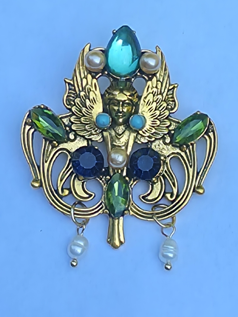 Art Nouveau Style Cherb Angel Wing Brooch Green Blue Rhinestones 2.5"